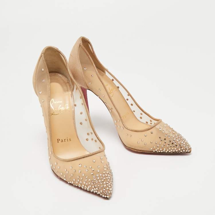 Pre Owned Christian Louboutin Beige Crystal Embellished Mesh and Laminated Suede Follies Strass Pumps Size 36.5