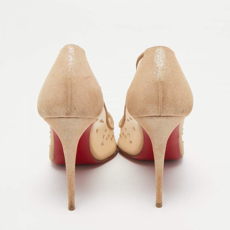 Pre Owned Christian Louboutin Beige Crystal Embellished Mesh and Laminated Suede Follies Strass Pumps Size 36.5