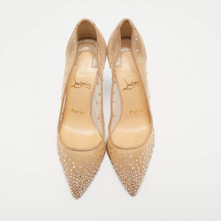 Pre Owned Christian Louboutin Beige Crystal Embellished Mesh and Laminated Suede Follies Strass Pumps Size 36.5