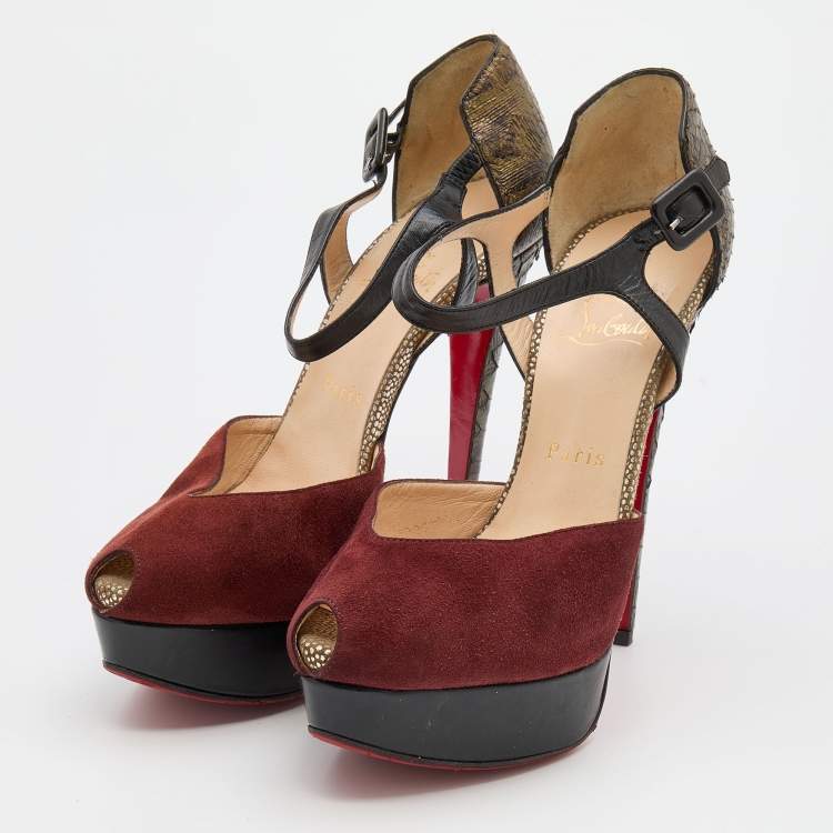 Pre Owned Christian Louboutin Multicolor Python Leather and Suede Ankle Strap Platform Sandals Size 38