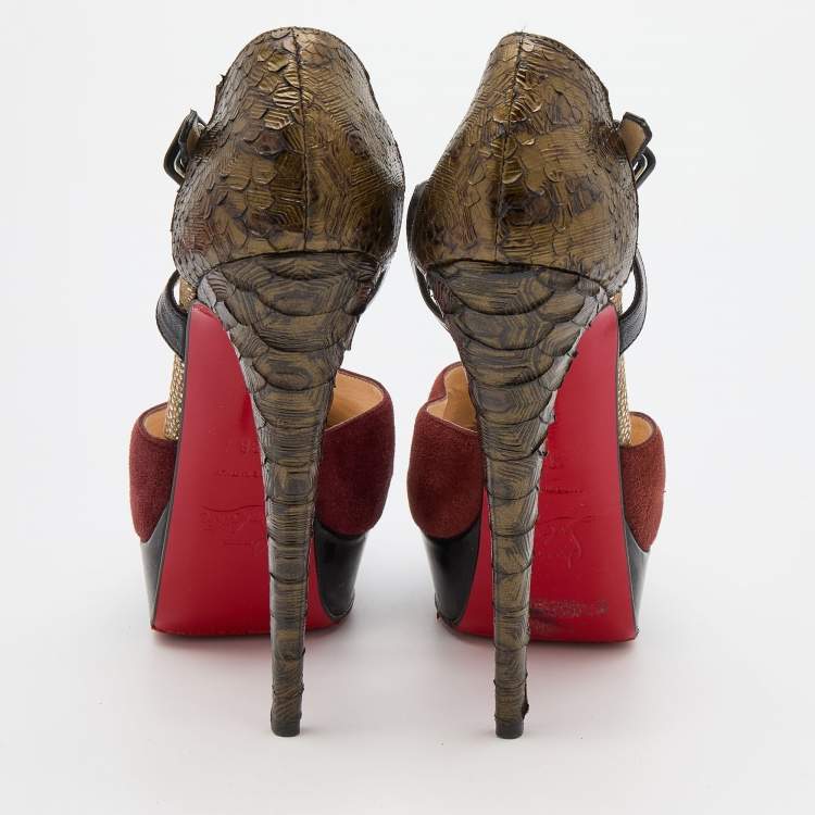 Pre Owned Christian Louboutin Multicolor Python Leather and Suede Ankle Strap Platform Sandals Size 38