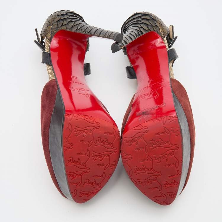 Pre Owned Christian Louboutin Multicolor Python Leather and Suede Ankle Strap Platform Sandals Size 38