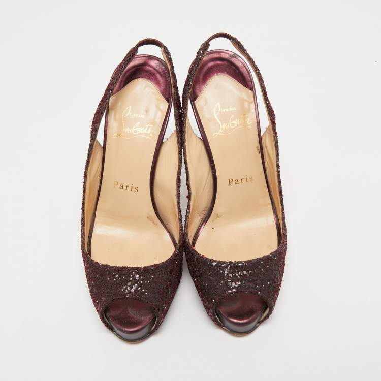 Pre Owned Christian Louboutin Plum Coarse Glitter No Prive Slingback Pumps Size 36
