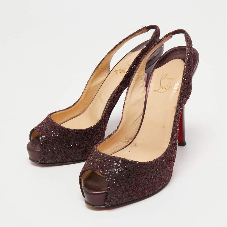 Pre Owned Christian Louboutin Plum Coarse Glitter No Prive Slingback Pumps Size 36