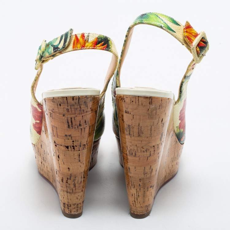 Pre Owned Christian Louboutin Multicolor Floral Print Leather Cork Wedge Pumps Size 38.5