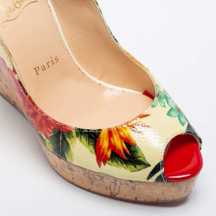 Pre Owned Christian Louboutin Multicolor Floral Print Leather Cork Wedge Pumps Size 38.5