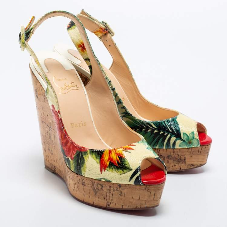 Pre Owned Christian Louboutin Multicolor Floral Print Leather Cork Wedge Pumps Size 38.5