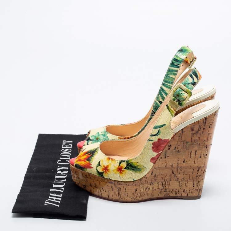 Pre Owned Christian Louboutin Multicolor Floral Print Leather Cork Wedge Pumps Size 38.5