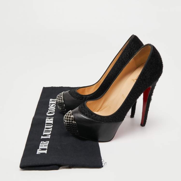 Pre Owned Christian Louboutin Black Leather and Calf Hair Maggie Pumps Size 38.5