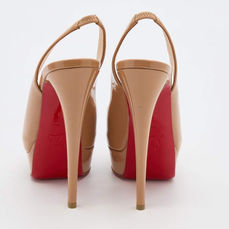 Pre Owned Christian Louboutin Beige Patent Leather Lady Peep Toe Platform Slingback Pumps Size 36