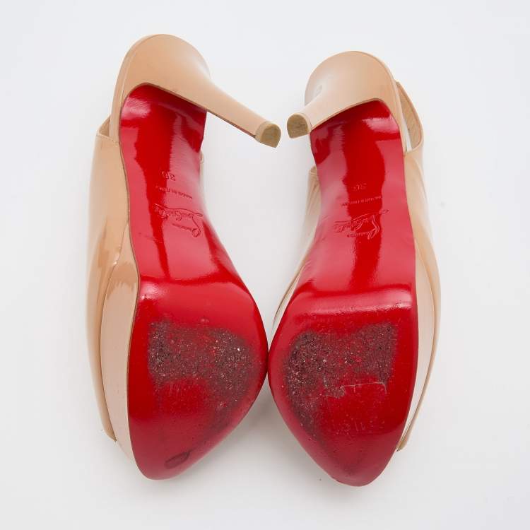 Pre Owned Christian Louboutin Beige Patent Leather Lady Peep Toe Platform Slingback Pumps Size 36