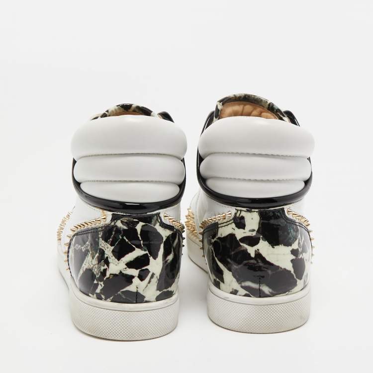 Pre Owned Christian Louboutin Tricolor Leather and Stone Print Patent Spikes High Top Sneakers Size 40