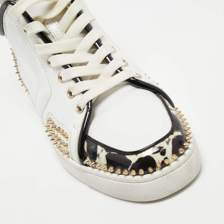 Pre Owned Christian Louboutin Tricolor Leather and Stone Print Patent Spikes High Top Sneakers Size 40