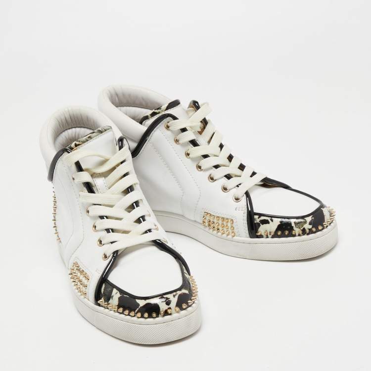 Pre Owned Christian Louboutin Tricolor Leather and Stone Print Patent Spikes High Top Sneakers Size 40