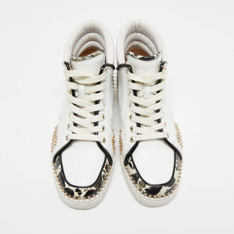 Pre Owned Christian Louboutin Tricolor Leather and Stone Print Patent Spikes High Top Sneakers Size 40