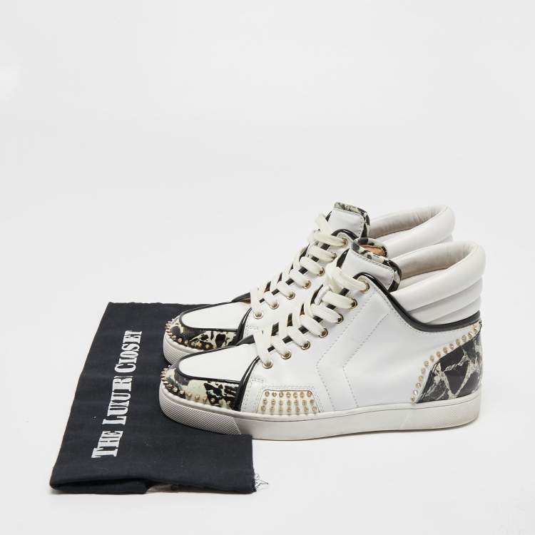 Pre Owned Christian Louboutin Tricolor Leather and Stone Print Patent Spikes High Top Sneakers Size 40