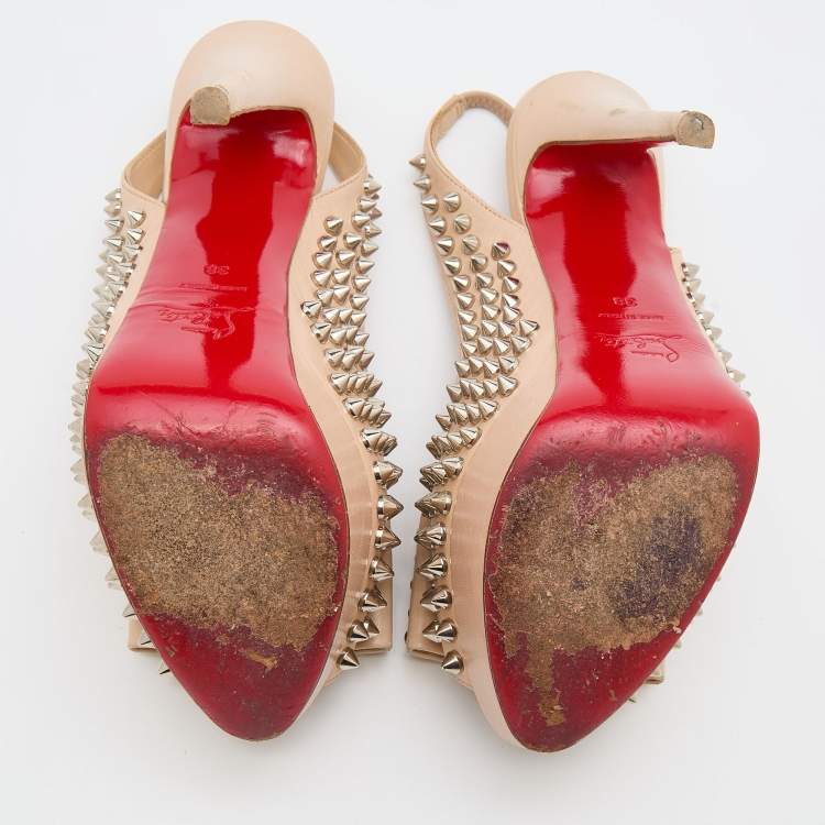 Pre Owned Christian Louboutin Beige Leather Clou Noeud Spike Slingback Platform Pumps Size 38