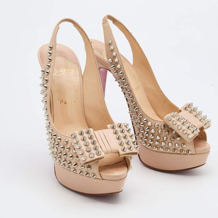 Pre Owned Christian Louboutin Beige Leather Clou Noeud Spike Slingback Platform Pumps Size 38