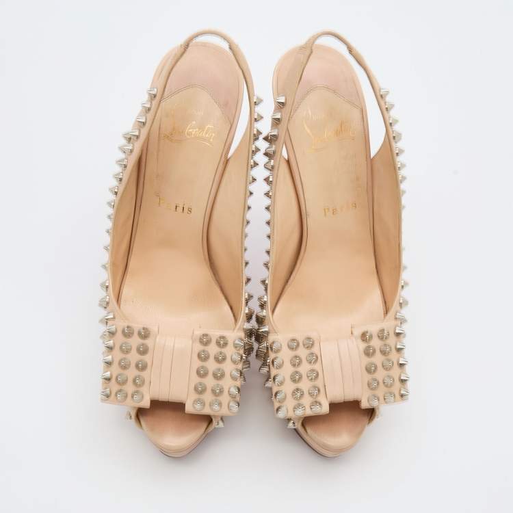 Pre Owned Christian Louboutin Beige Leather Clou Noeud Spike Slingback Platform Pumps Size 38