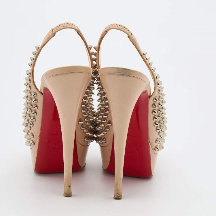 Pre Owned Christian Louboutin Beige Leather Clou Noeud Spike Slingback Platform Pumps Size 38