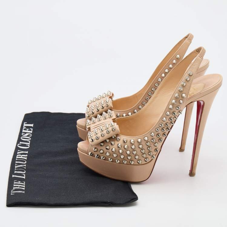 Pre Owned Christian Louboutin Beige Leather Clou Noeud Spike Slingback Platform Pumps Size 38