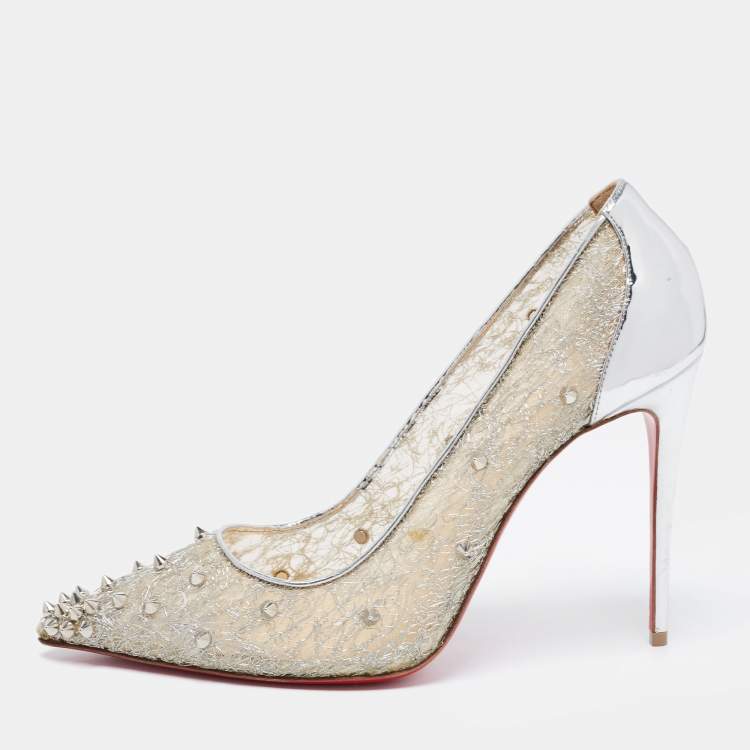 Christian Louboutin Silver Lace and Leather Spike Decollete Pumps Size ...