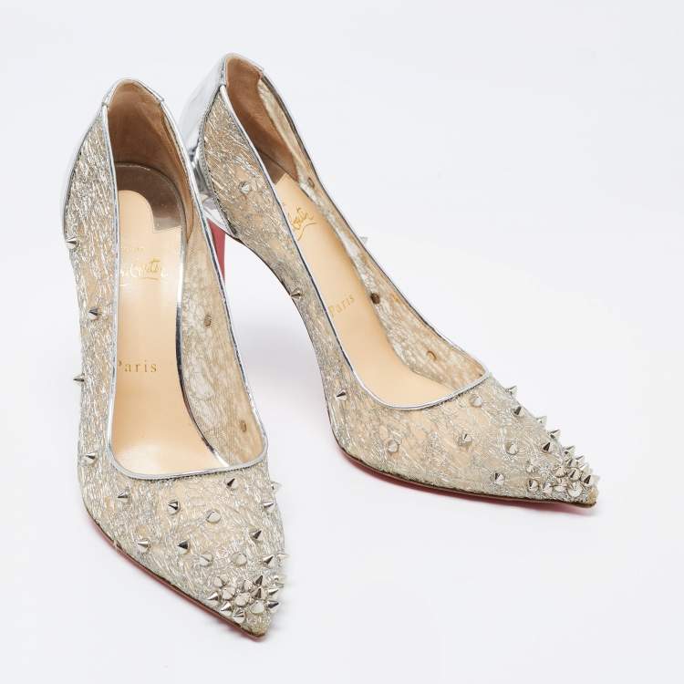 Pre Owned Christian Louboutin Silver Lace and Leather Spike Decollete Pumps Size 40.5