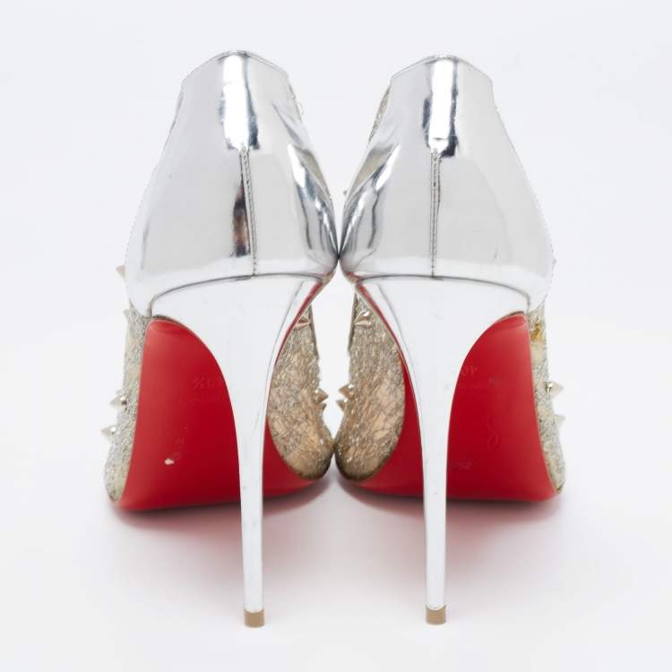 Pre Owned Christian Louboutin Silver Lace and Leather Spike Decollete Pumps Size 40.5