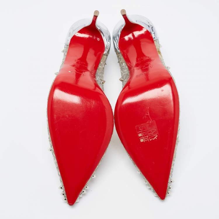 Pre Owned Christian Louboutin Silver Lace and Leather Spike Decollete Pumps Size 40.5