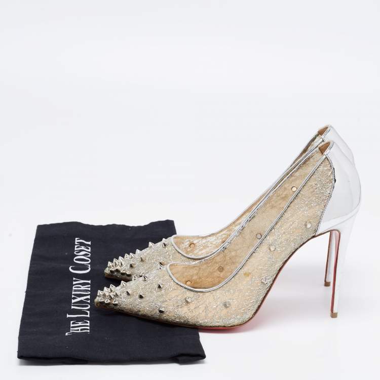 Pre Owned Christian Louboutin Silver Lace and Leather Spike Decollete Pumps Size 40.5