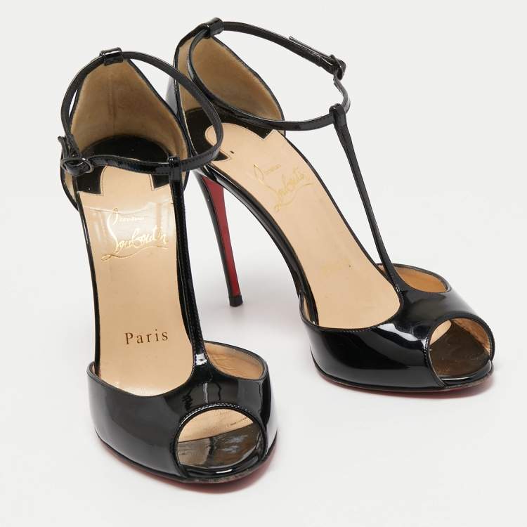 Pre Owned Christian Louboutin Black Patent Leather Senora T-Strap Sandals Size 36