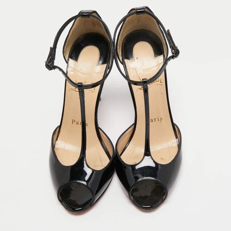 Pre Owned Christian Louboutin Black Patent Leather Senora T-Strap Sandals Size 36
