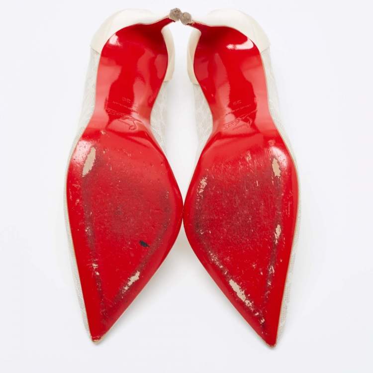 Pre Owned Christian Louboutin Beige Mesh and Satin Pumps Size 39