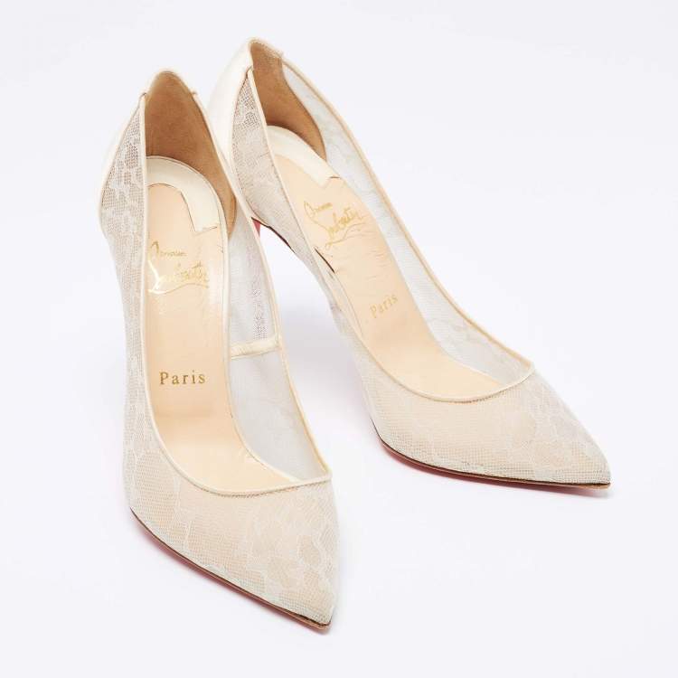 Pre Owned Christian Louboutin Beige Mesh and Satin Pumps Size 39