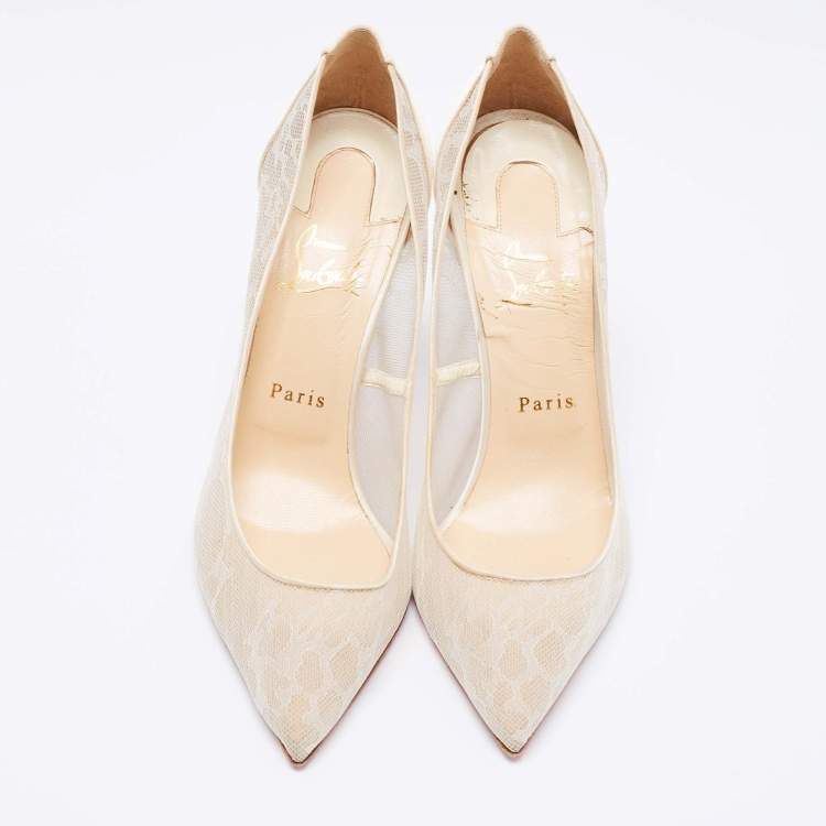 Pre Owned Christian Louboutin Beige Mesh and Satin Pumps Size 39