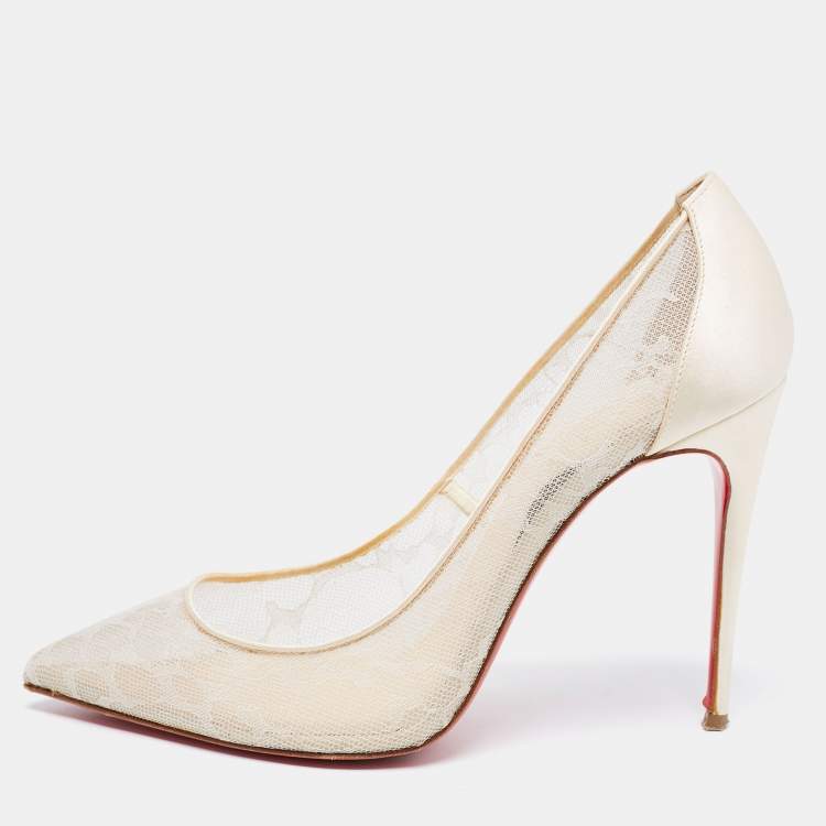 Pre Owned Christian Louboutin Beige Mesh and Satin Pumps Size 39