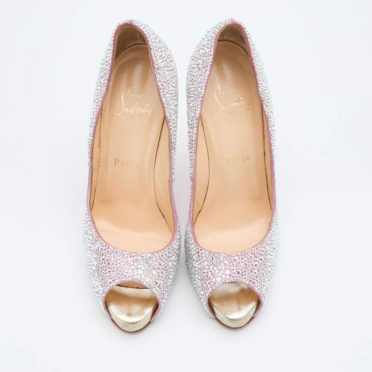 Pre Owned Christian Louboutin Pink Suede Crystal Embellished New Riche Peep Toe Pumps Size 38