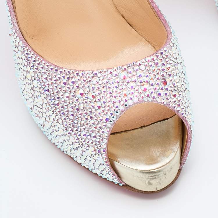 Pre Owned Christian Louboutin Pink Suede Crystal Embellished New Riche Peep Toe Pumps Size 38