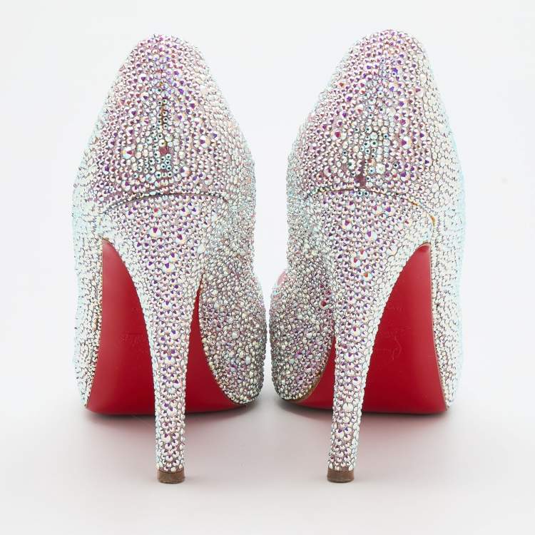 Pre Owned Christian Louboutin Pink Suede Crystal Embellished New Riche Peep Toe Pumps Size 38