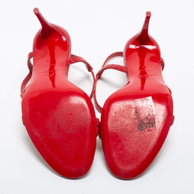 Pre Owned Christian Louboutin Red Croc Embossed Leather Selima Sandals Size 38