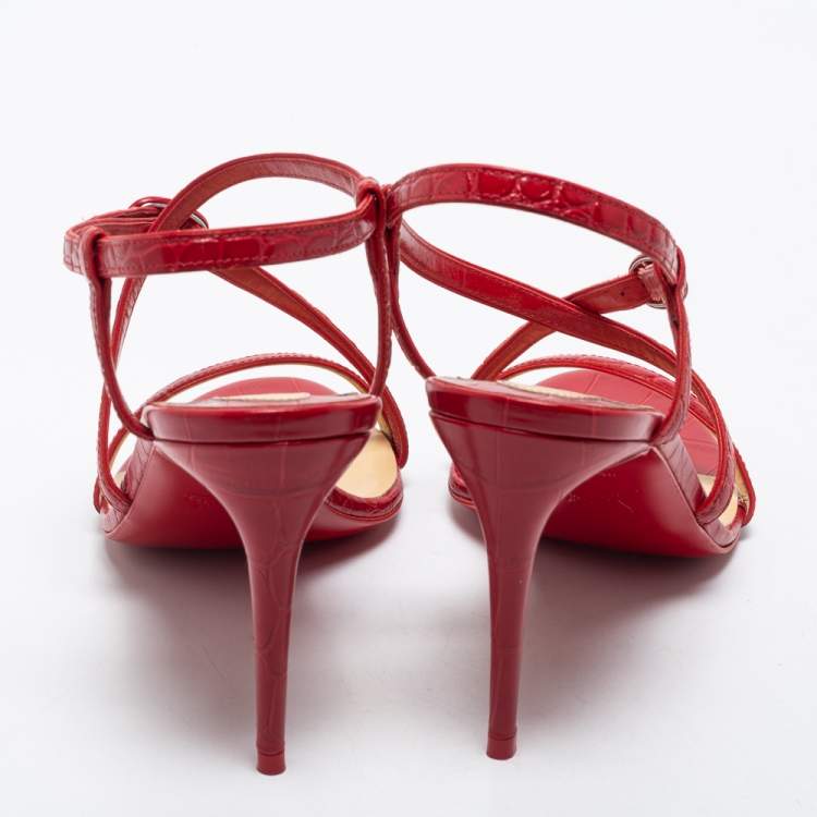 Pre Owned Christian Louboutin Red Croc Embossed Leather Selima Sandals Size 38