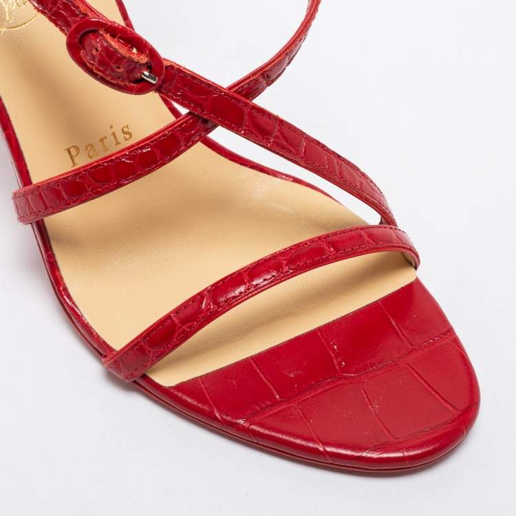 Pre Owned Christian Louboutin Red Croc Embossed Leather Selima Sandals Size 38