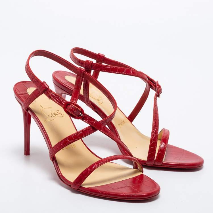Pre Owned Christian Louboutin Red Croc Embossed Leather Selima Sandals Size 38