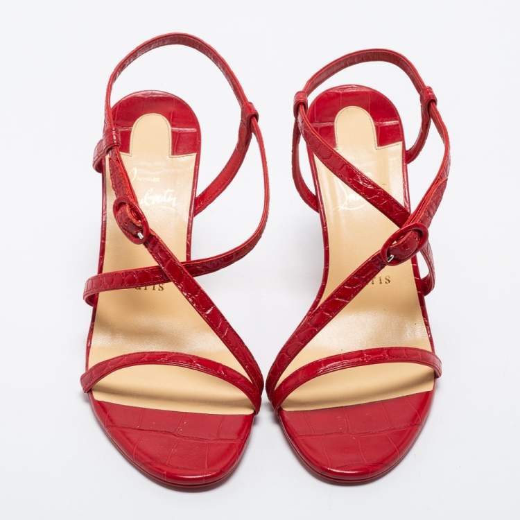 Pre Owned Christian Louboutin Red Croc Embossed Leather Selima Sandals Size 38
