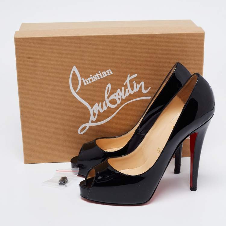 Pre Owned Christian Louboutin Black Patent Leather Very Prive PeepToe Pumps Size 37