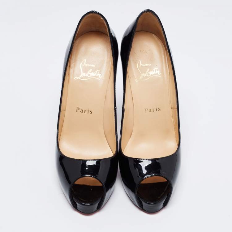Pre Owned Christian Louboutin Black Patent Leather Very Prive PeepToe Pumps Size 37