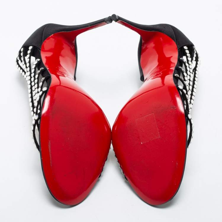 Pre Owned Christian Louboutin Black Satin Strass Norina Sandals Size 38.5