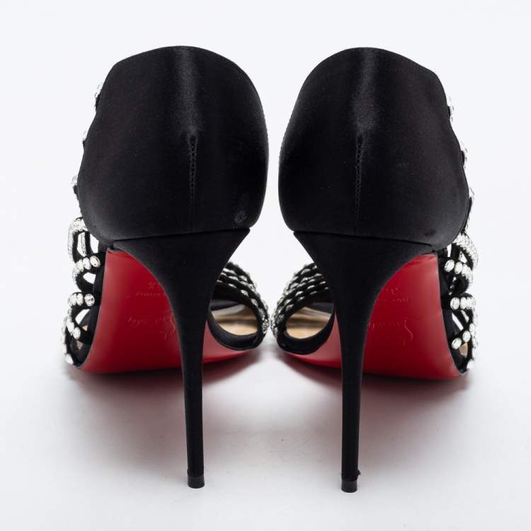 Pre Owned Christian Louboutin Black Satin Strass Norina Sandals Size 38.5