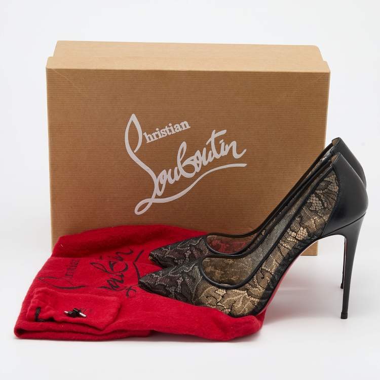 Pre Owned Christian Louboutin Black Lace and Leather Follies Pointed Toe Pumps Size 37.5