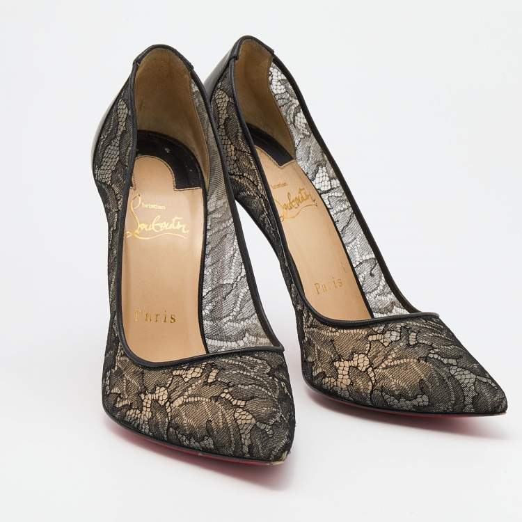 Pre Owned Christian Louboutin Black Lace and Leather Follies Pointed Toe Pumps Size 37.5